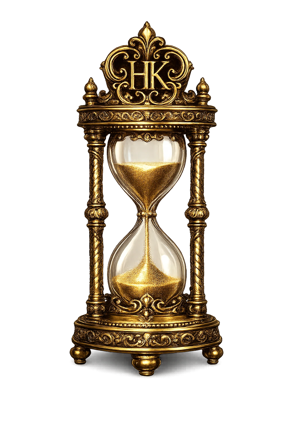 Ornate gold hourglass symbolizing time reserved for guests