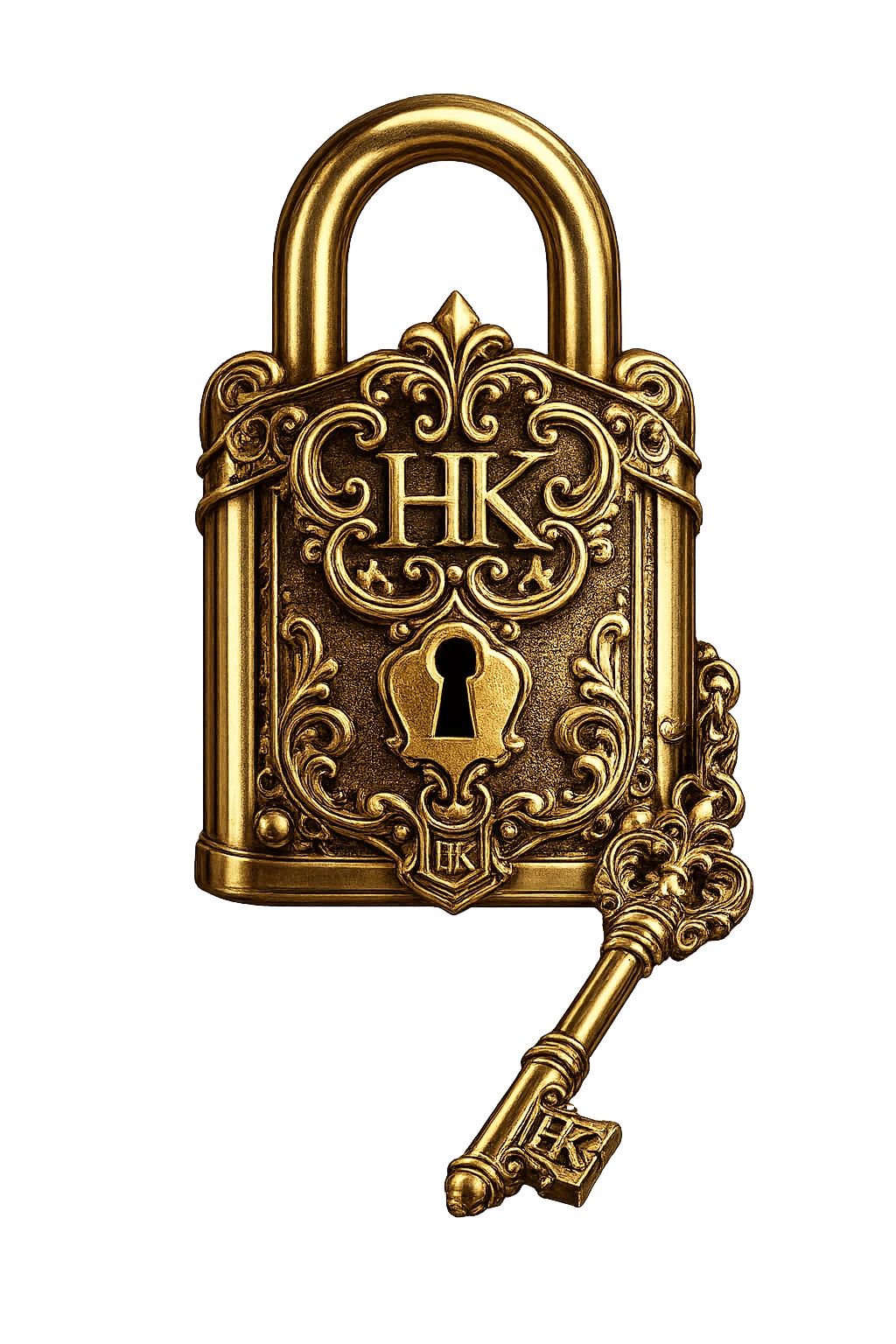 Ornate gold padlock and key