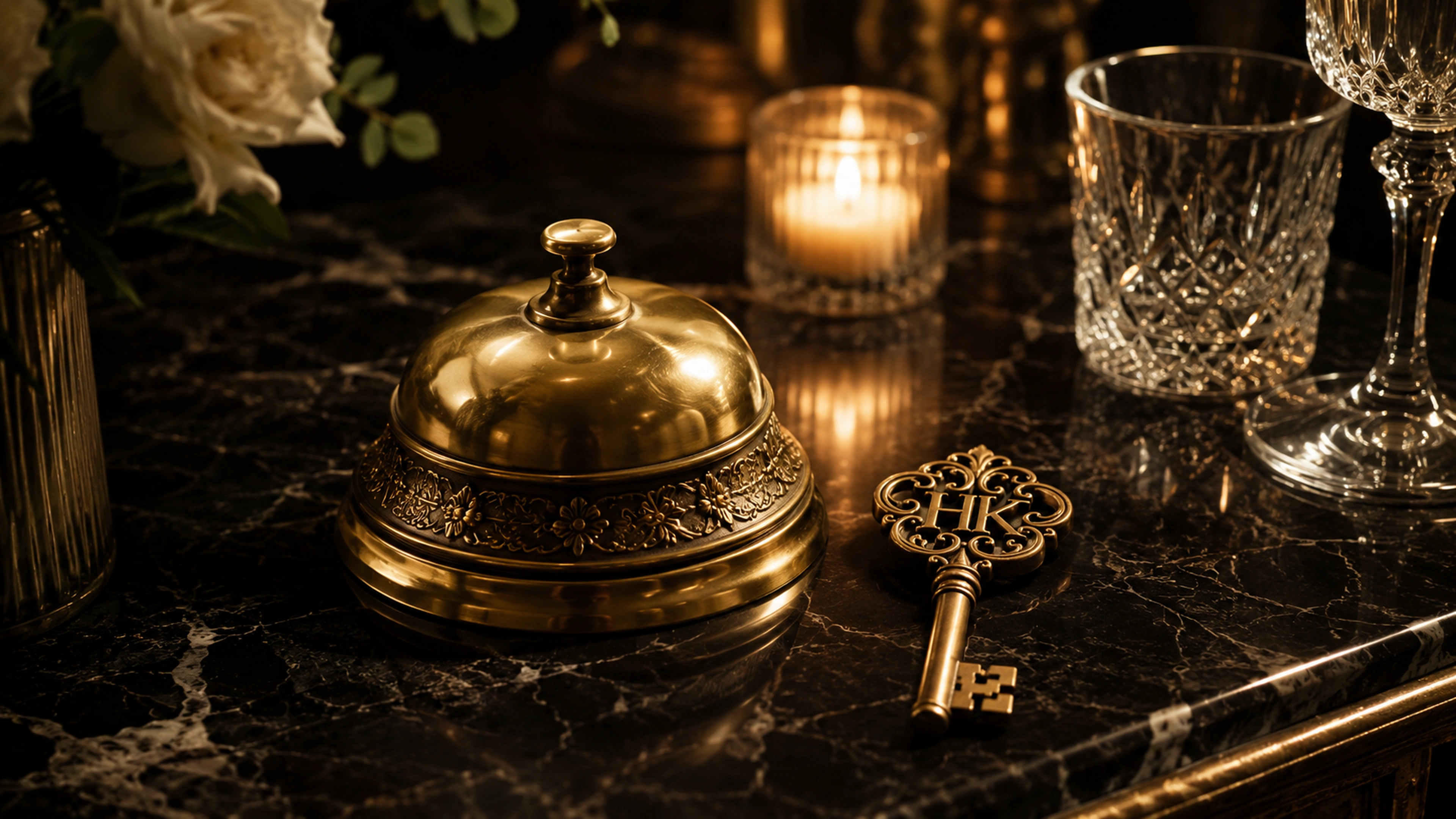 Gold concierge bell, Hidden Key key, candle, and glassware on dark marble
