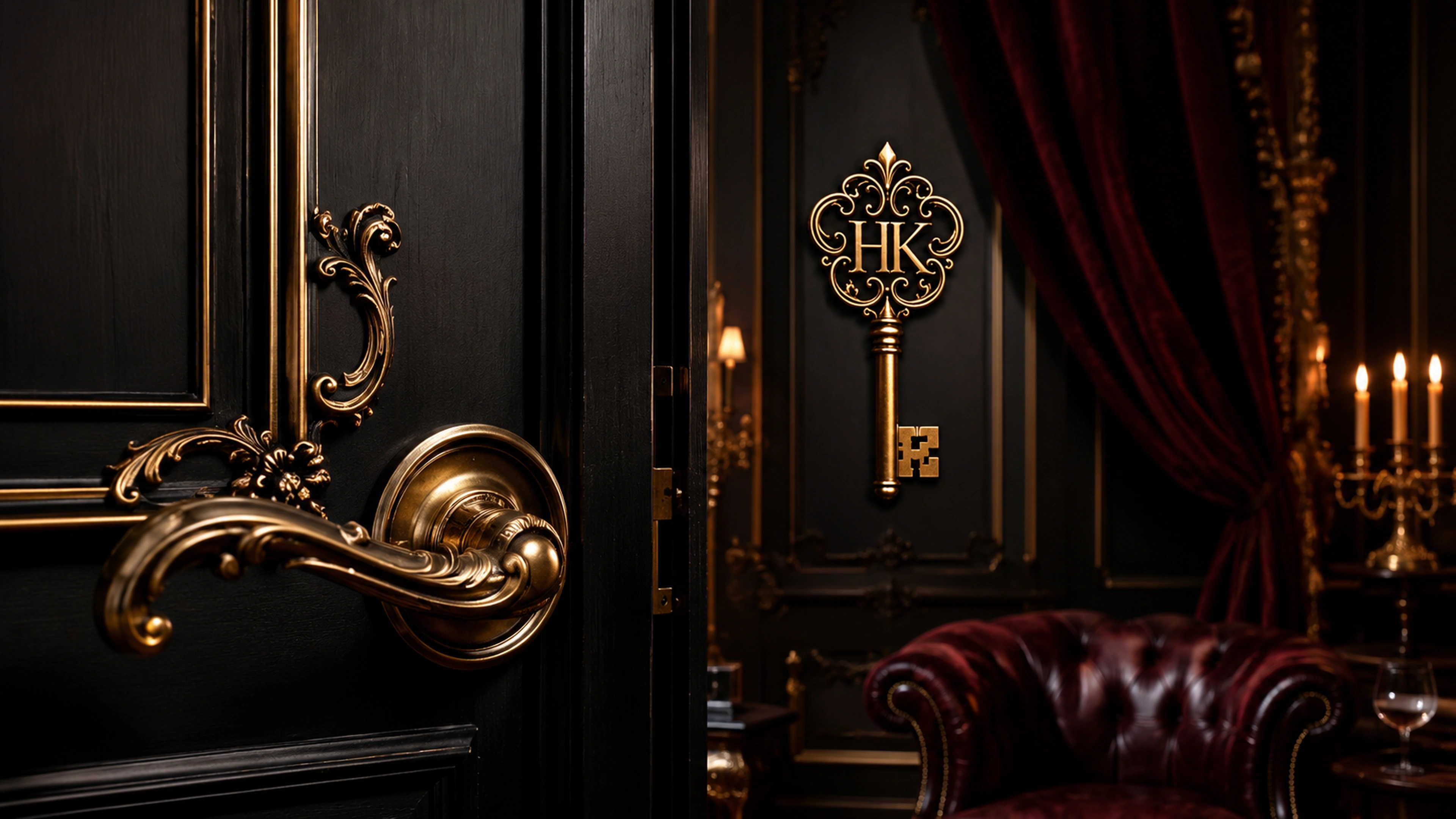 Open black door revealing a warm candlelit private lounge