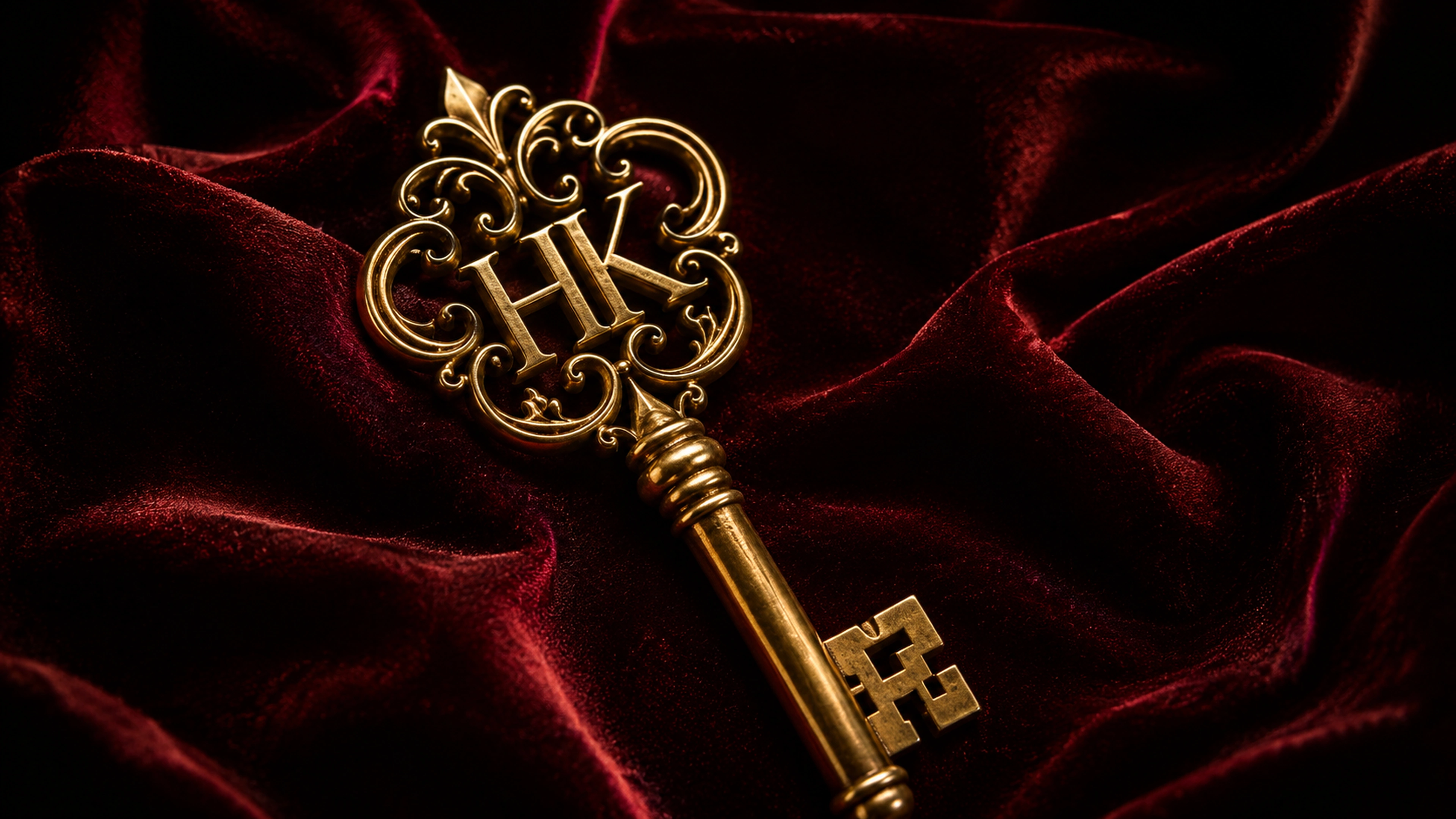 Hidden Key gold key resting on deep burgundy velvet