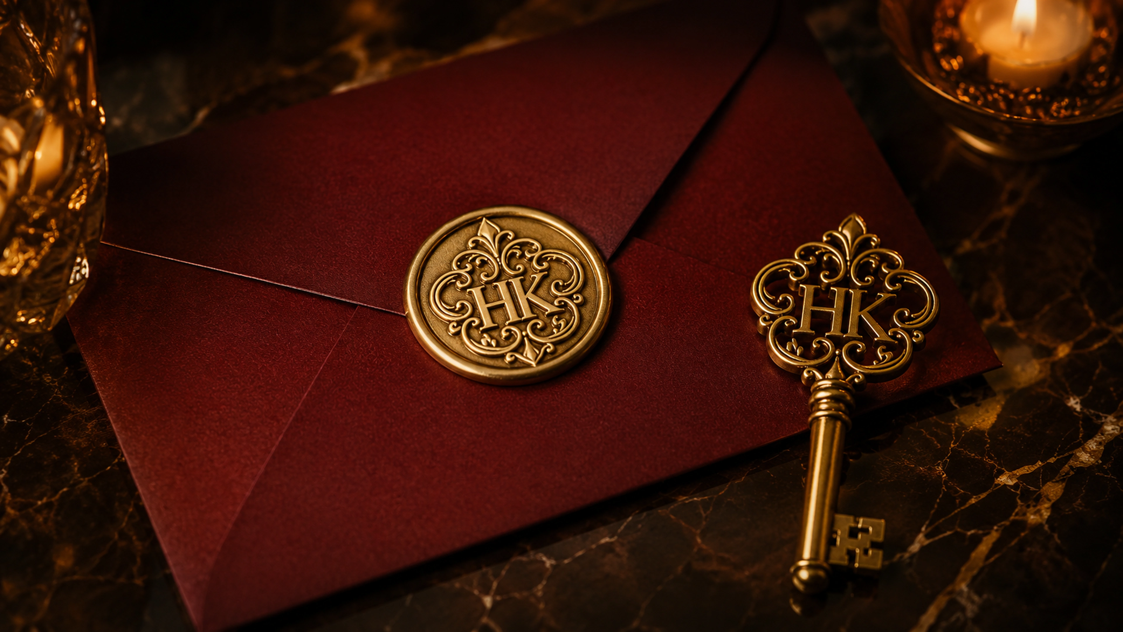 Sealed burgundy envelope and Hidden Key gold key on dark marble