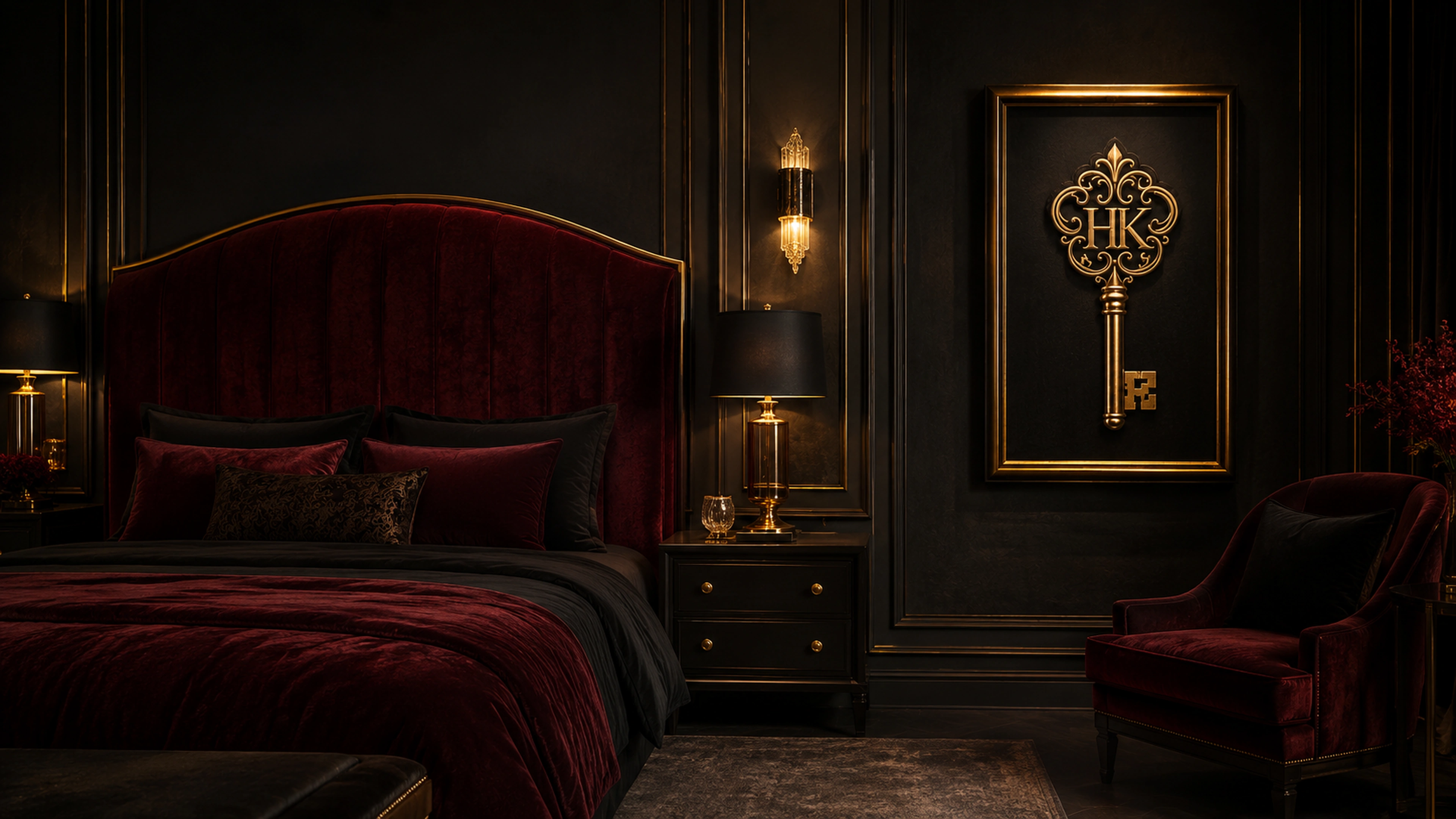 Private luxury suite with burgundy velvet, black wall panels, and warm antique-gold lighting