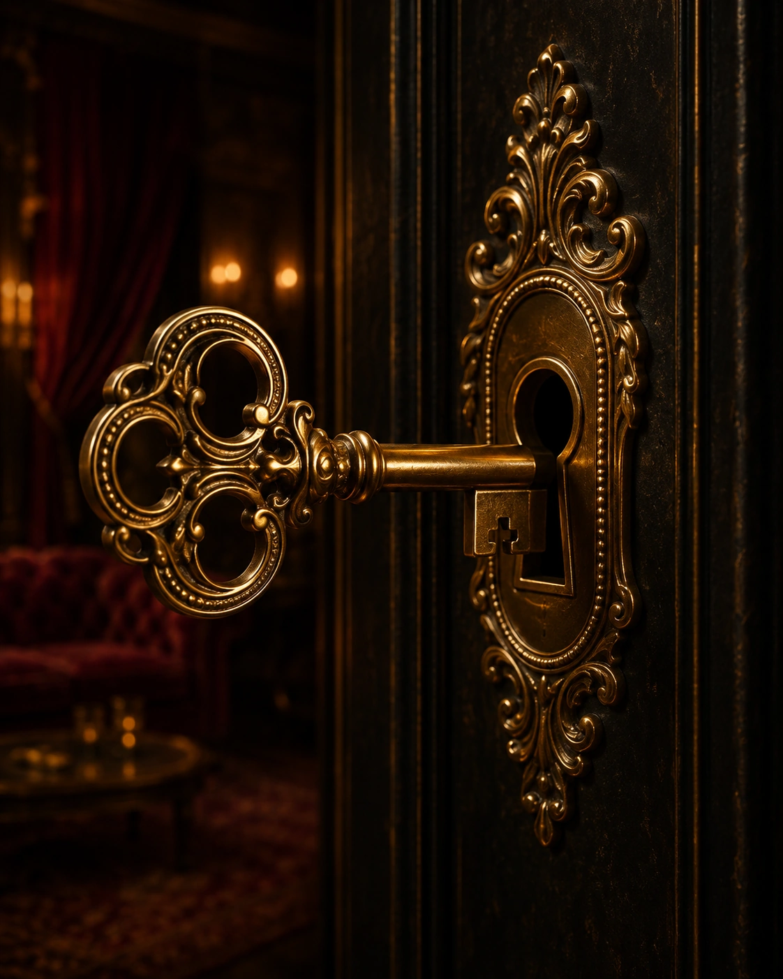 Ornate Hidden Key entering a private lock