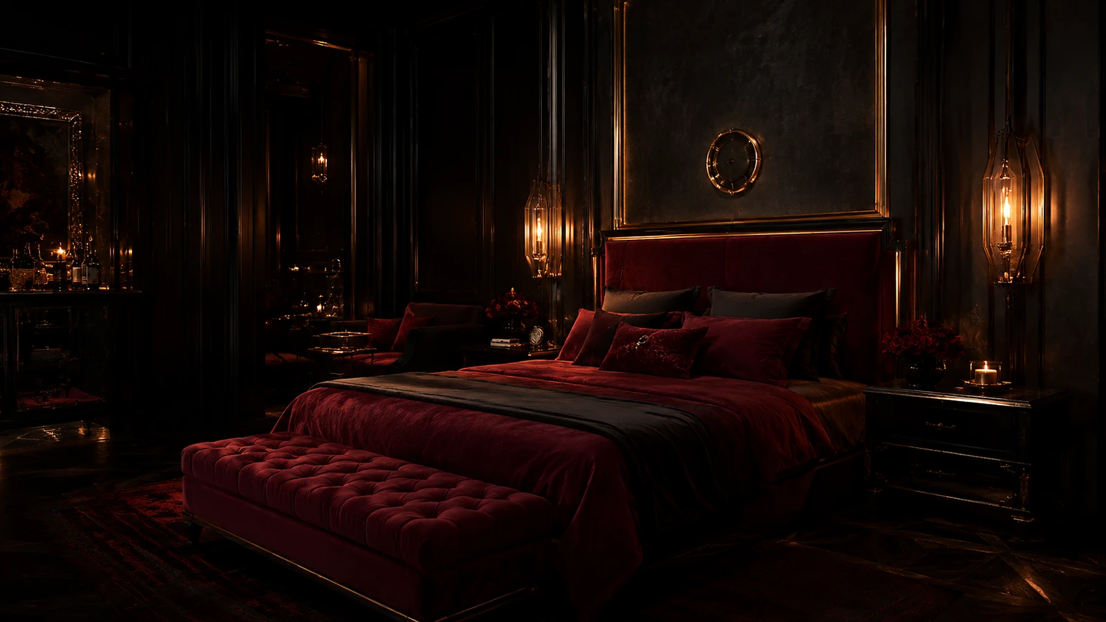 Queen bed and room setting inside The Original Sin